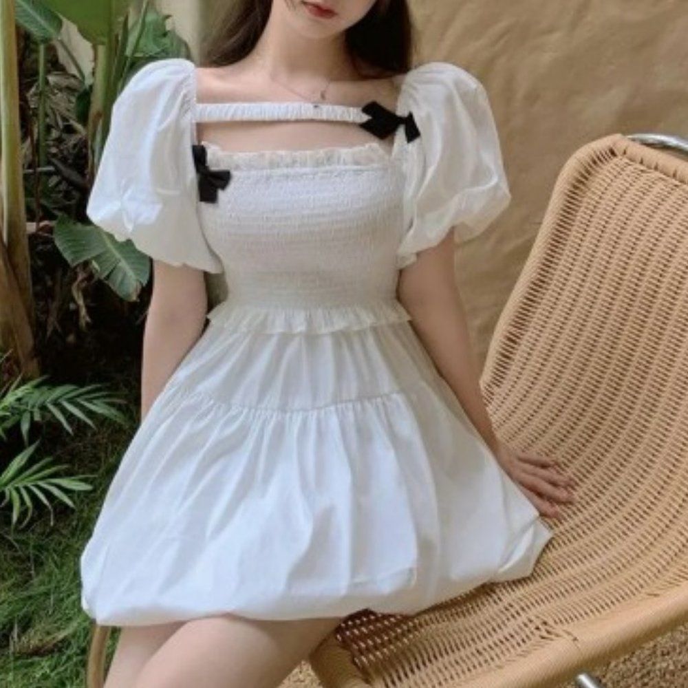 Square-Neck Bow Pleated Ruffle A-Line Mini Dress